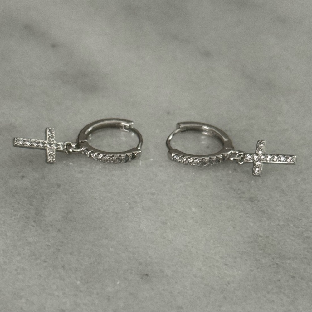 Silver Crystal Pave Cross Dangle Huggie Hoop Earrings Brand New